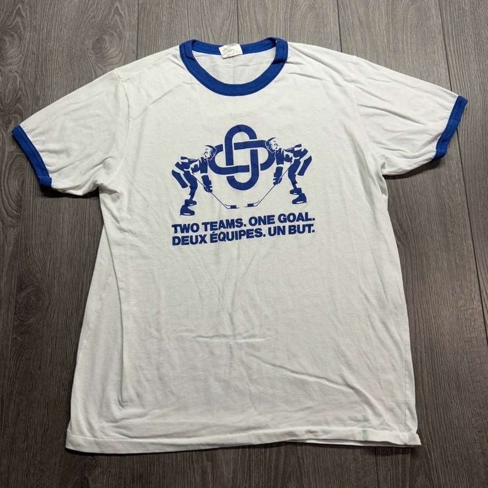 Vintage 80s Trini Mfg Inc Hockey Ringer T-Shirt XL White Blue Canada Made